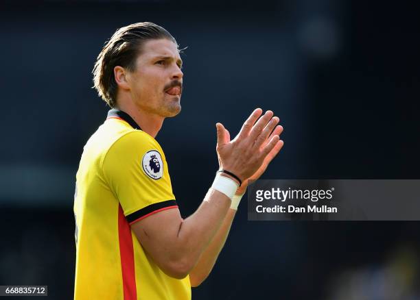 Sebastian Prodl of Watford shows appreciation to the fans after the Premier League match between Watford and Swansea City at Vicarage Road on April...