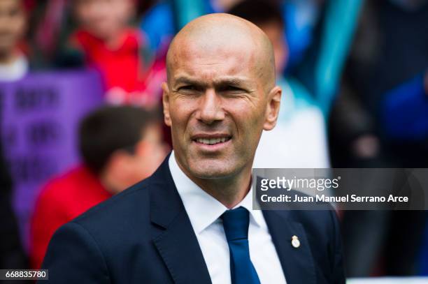 Head coach Zinedine Zidane of Real Madrid looks on prior to the start the La Liga match between Real Sporting de Gijon and Real Madrid at Estadio El...