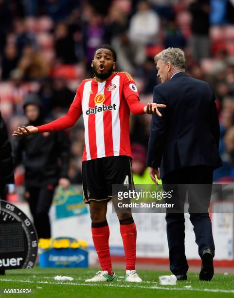 Sunderland defender Jason Denayer reacts on the final whsitle as manager David Moyes heads off during the Premier League match between Sunderland and...