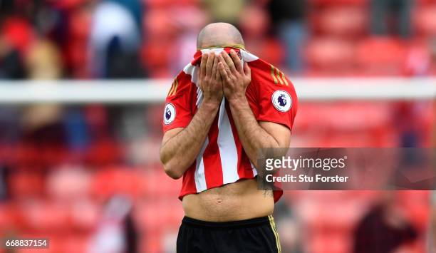 Sunderland player Darron Gibson reacts after the Premier League match between Sunderland and West Ham United at Stadium of Light on April 15, 2017 in...