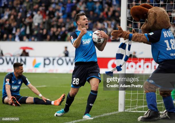 Adam Szalai of 1899 Hoffenheim celebrates after a goal during the Bundesliga match between TSG 1899 Hoffenheim and Borussia Moenchengladbach at...