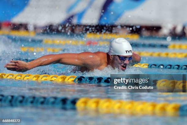 Tom Shields competes in the preliminary heat of the men's 200 meter butterfly on day three of the Arena Pro Swim Series - Mesa at Skyline Aquatic...