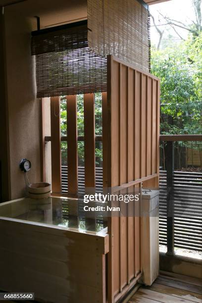 japanese style wooden tub, hot spring, spa, - niigata stock pictures, royalty-free photos & images