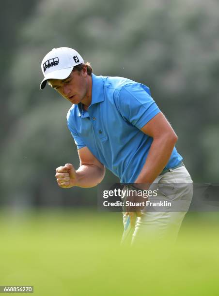 Paul Dunne of Ireland celebrates his putt on the 18th hole during the third round of the Trophee Hassan II at Royal Golf Dar Es Salam on April 15,...