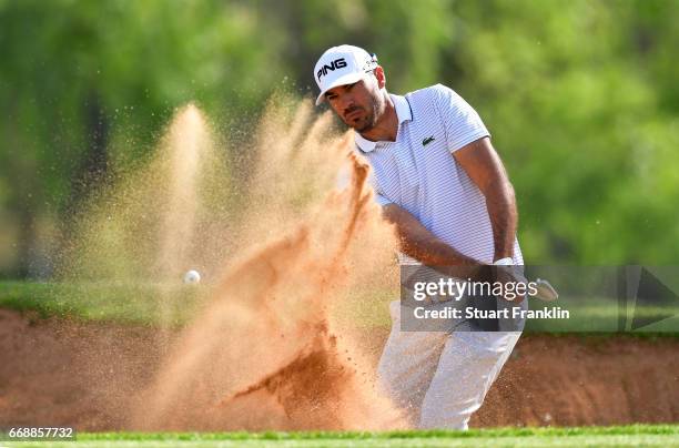 Gregory Havret of France plays a bunker shot during the third round of the Trophee Hassan II at Royal Golf Dar Es Salam on April 15, 2017 in Rabat,...