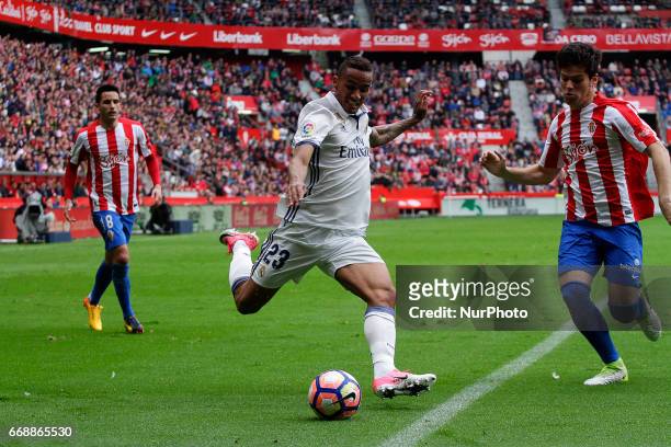 Danilo Luiz Da Silva defender of Real Madridd takes a shot during the La Liga Santander match between Sporting de Gijon and Real Madrid at Molinon...
