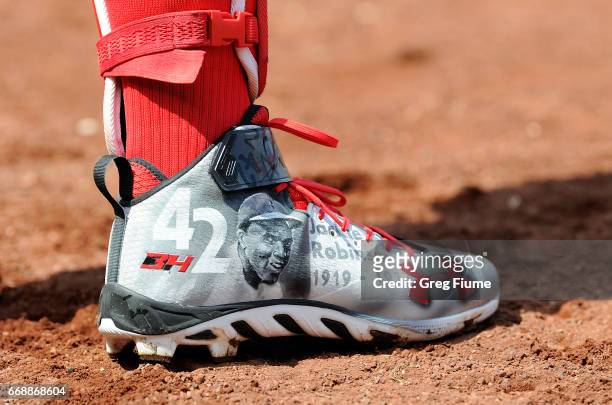 Bryce Harper of the Washington Nationals wears special shoes in honor of Jackie Robinson Day during the game against the Philadelphia Phillies at...