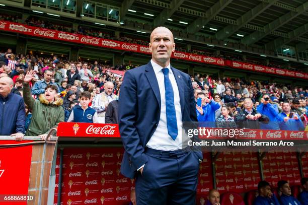 Head coach Zinedine Zidane of Real Madrid looks on prior to the start the La Liga match between Real Sporting de Gijon and Real Madrid at Estadio El...