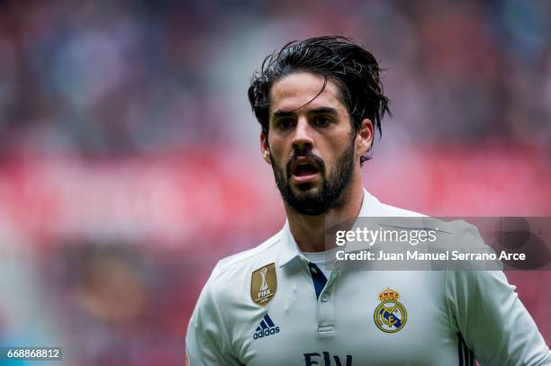 Isco of Real Madrid reacts during the La Liga match between Real Sporting de Gijon and Real Madrid at Estadio El Molinon on April 15, 2017 in Gijon,...