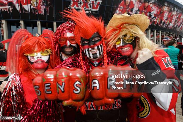 Sens fans ham it up prior to the start of the game between the Boston Bruins and the Ottawa Senators in Game Two of the Eastern Conference First...