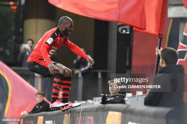 Rennes' Ivorian forward Giovanni Sio celebrates after scoring during the French L1 football match Rennes against Lille yon on April, 15 2017 at the...