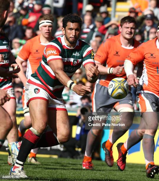 Maxime Mermoz of Leicester Tigers in action during the Aviva Premiership match between Leicester Tigers and Newcastle Falcons at Welford Road on...