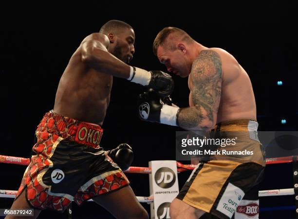 Lukasz Rusiewicz , takes on Lawrence Okolie during a Cruiserweight undercard bout ahead of the WBA/IBF Super-Lightweight unification bout between...