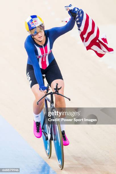 Chloe Dygert of USA celebrates winning the Women's Individual Pursuit Finals during 2017 UCI World Cycling on April 15, 2017 in Hong Kong, Hong Kong.