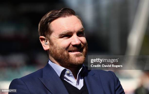 Andy Goode, the BT Sport rugby pundit looks on during the Aviva Premiership match between Leicester Tigers and Newcastle Falcons at Welford Road on...