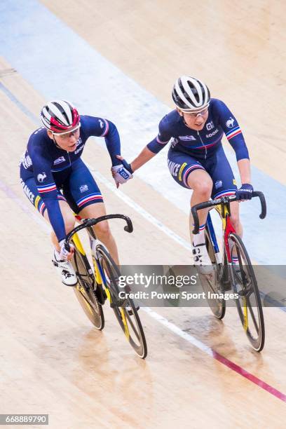 Coralie Demay and Laurie Berthon of France compete on the Women's Madison 30km Final during 2017 UCI World Cycling on April 15, 2017 in Hong Kong,...