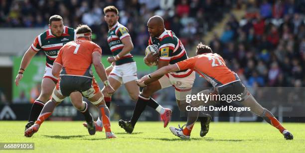 Pietersen of Leicester breaks with the ball during the Aviva Premiership match between Leicester Tigers and Newcastle Falcons at Welford Road on...