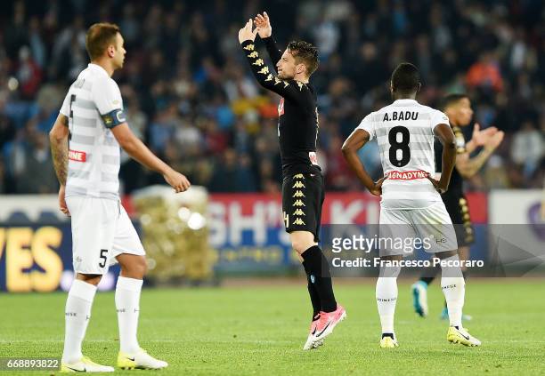 Player of SSC Napoli Dries Mertens celebrates after scoring the 1-0 goal, beside the disappointment of Emmanuel Badu and Danilo players of Udinese...