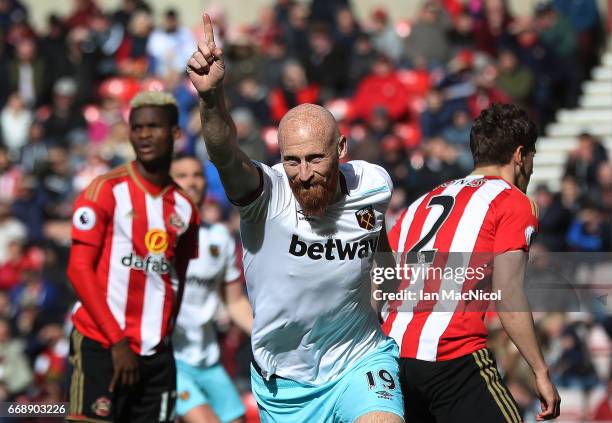 James Collins of West Ham United celebrates after he scores his sides second goal during the Premier League match between Sunderland and West Ham...