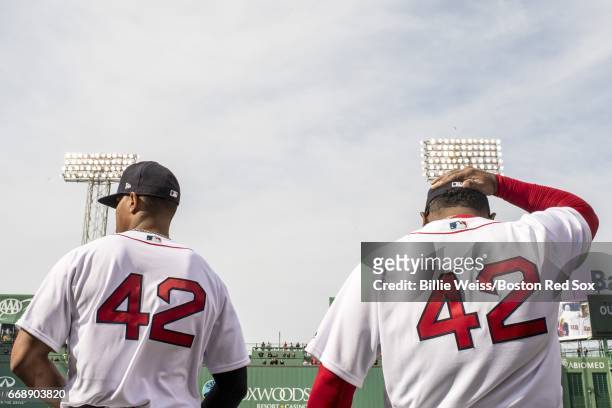 Xander Bogaerts and Pablo Sandoval of the Boston Red Sox wear the number 42 in honor of Jackie Robinson Day before a game against the Tampa Bay Rays...