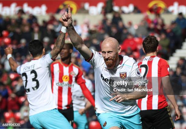 James Collins of West Ham United celebrates after he scores his sides second goal during the Premier League match between Sunderland and West Ham...