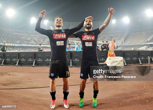 Lorenzo Insigne and Dries Mertens players of SSC Napoli celebrate the victory after the Serie A match between SSC Napoli and Udinese Calcio at Stadio...