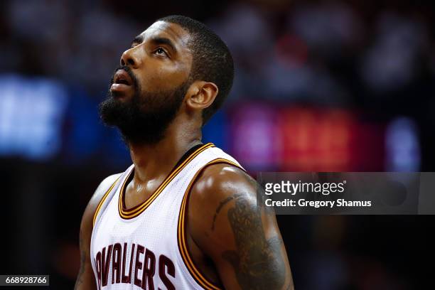 Kyrie Irving of the Cleveland Cavaliers looks on while playing the Indiana Pacers in Game One of the Eastern Conference Quarterfinals during the 2017...