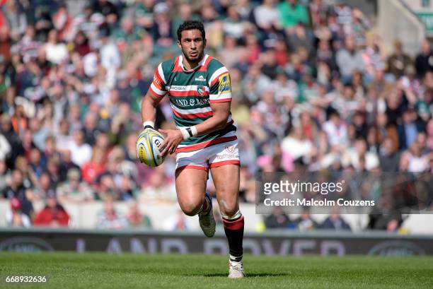 Maxime Mermoz of Leicester Tigers runs with the ball during the Aviva Premiership match between Leicester Tigers and Newcastle Falcons at Welford...