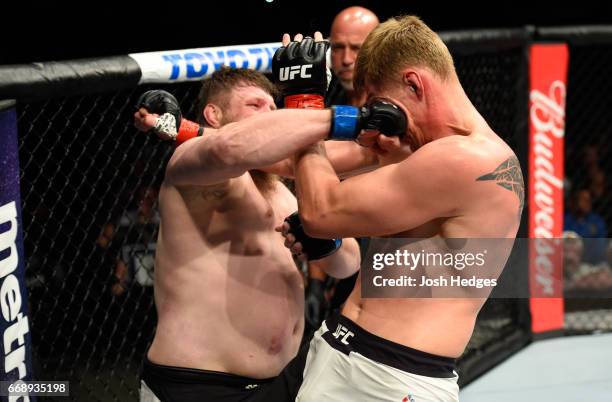 Roy Nelson punches Alexander Volkov of Russia in their heavyweight fight during the UFC Fight Night event at Sprint Center on April 15, 2017 in...