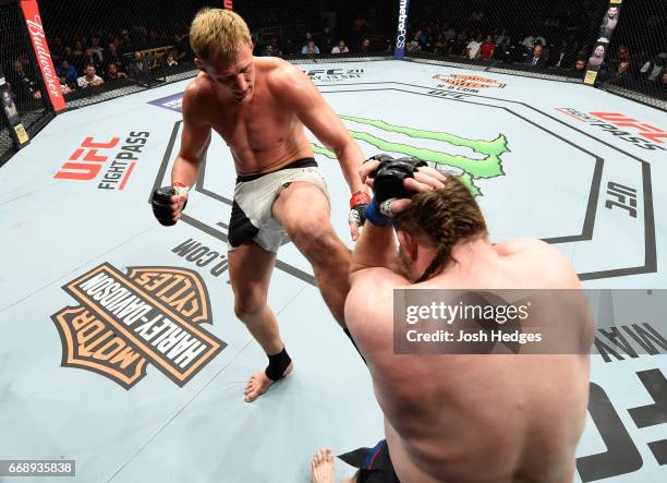 Alexander Volkov of Russia kicks Roy Nelson in their heavyweight fight during the UFC Fight Night event at Sprint Center on April 15, 2017 in Kansas...
