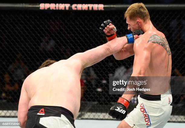 Roy Nelson punches Alexander Volkov of Russia in their heavyweight fight during the UFC Fight Night event at Sprint Center on April 15, 2017 in...