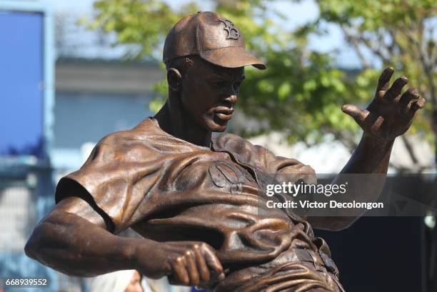 Detailed view of the Jackie Robinson statue is seen after it was unveiled at Dodger Stadium on April 15, 2017 in Los Angeles, California.
