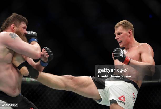 Roy Nelson battles Alexander Volkov during their Heavyweight bout on UFC Fight Night at the Sprint Center on April 15, 2017 in Kansas City, Missouri.