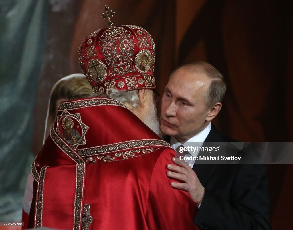 Russian President Vladimir Putin attends the Orthodox Easter service in Moscow