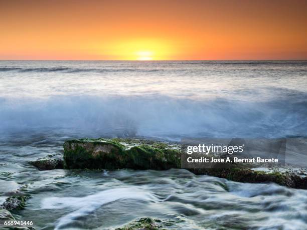 full frame of a sunset sun with high clouds of colors orange, next to sea water - cielo dramático stock-fotos und bilder