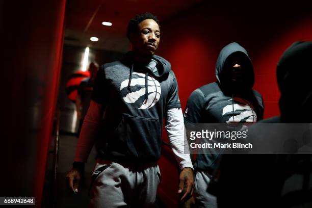 Kyle Lowry of the Toronto Raptors is seen before the game against the Milwaukee Bucks on April 15, 2017 during Game One of Round One of the 2017 NBA...
