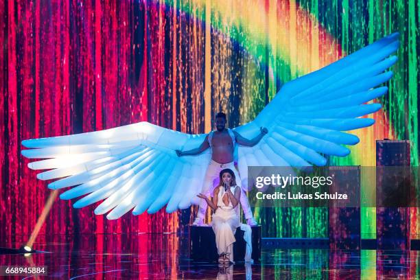 Maria Voskania performs during the second event show of the tv competition 'Deutschland sucht den Superstar' at Coloneum on April 15, 2017 in...