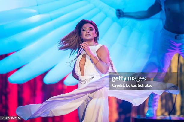 Maria Voskania performs during the second event show of the tv competition 'Deutschland sucht den Superstar' at Coloneum on April 15, 2017 in...