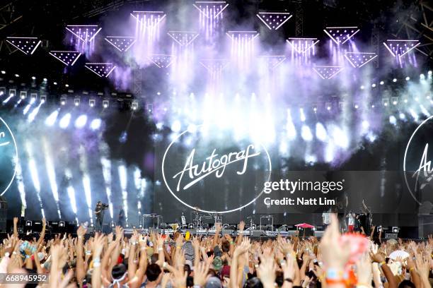 Mikul Wing, Jake Carpenter and Louis Kha of Autograf performs on the Sahara Stage during day 2 of the Coachella Valley Music And Arts Festival at the...