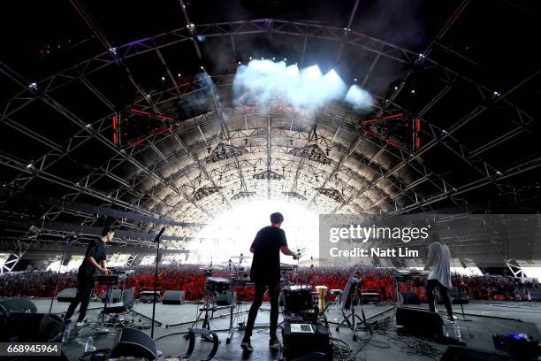 Louis Kha, Jake Carpenter and Mikul Wing of Autograf performs on the Sahara Stage during day 2 of the Coachella Valley Music And Arts Festival at the...