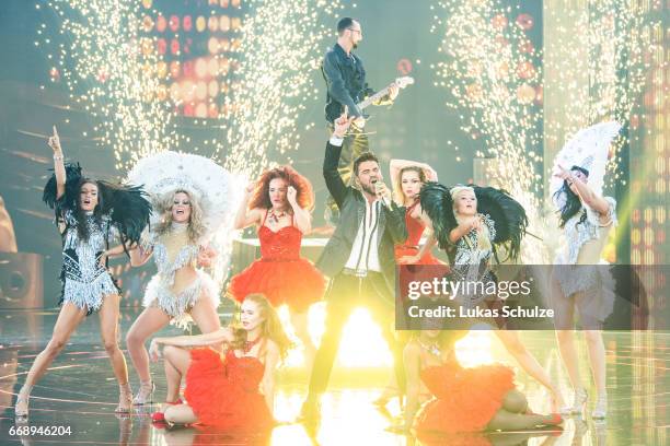 Armando Sarowny performs during the second event show of the tv competition 'Deutschland sucht den Superstar' at Coloneum on April 15, 2017 in...