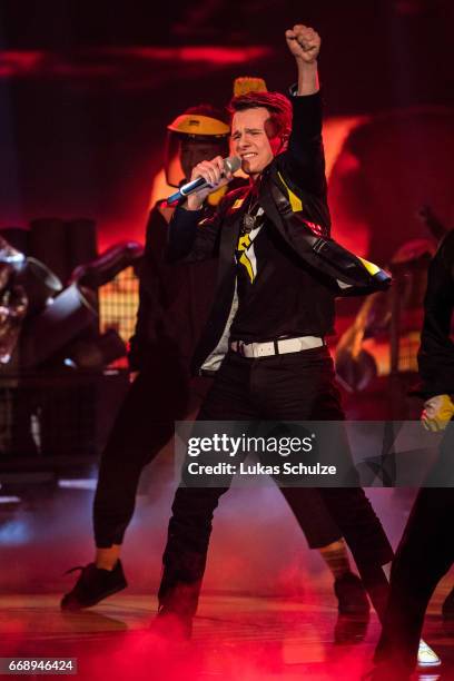 Sandro Brehorst performs during the second event show of the tv competition 'Deutschland sucht den Superstar' at Coloneum on April 15, 2017 in...