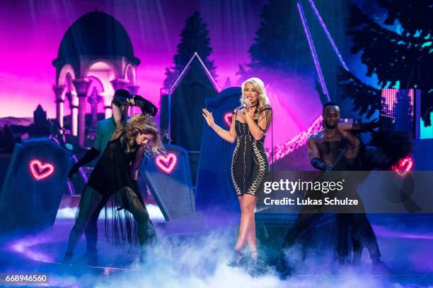 Chanelle Wyrsch performs during the second event show of the tv competition 'Deutschland sucht den Superstar' at Coloneum on April 15, 2017 in...