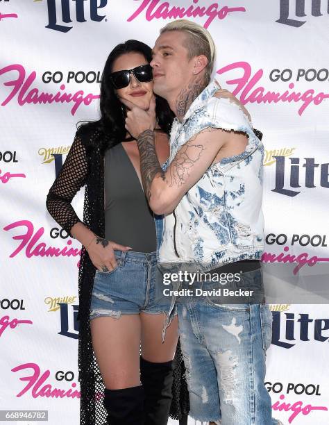 Madison Parker and singer Aaron Carter arrive at the Go Pool at Flamingo Las Vegas on April 15, 2017 in Las Vegas, Nevada.