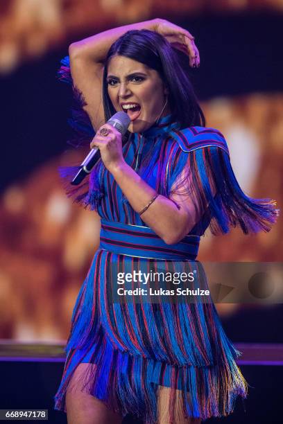 Duygu Goenel performs during the second event show of the tv competition 'Deutschland sucht den Superstar' at Coloneum on April 15, 2017 in Cologne,...
