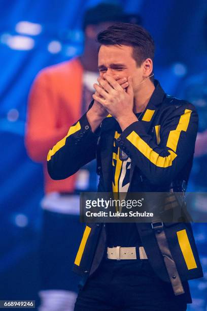 Sandro Brehorst reacts during the second event show of the tv competition 'Deutschland sucht den Superstar' at Coloneum on April 15, 2017 in Cologne,...