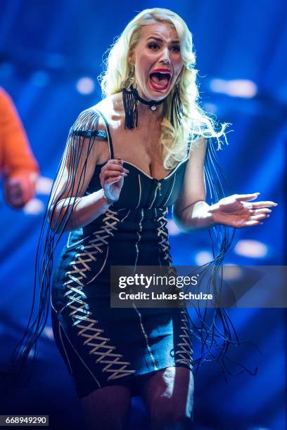 Chanelle Wyrsch reacts during the second event show of the tv competition 'Deutschland sucht den Superstar' at Coloneum on April 15, 2017 in Cologne,...