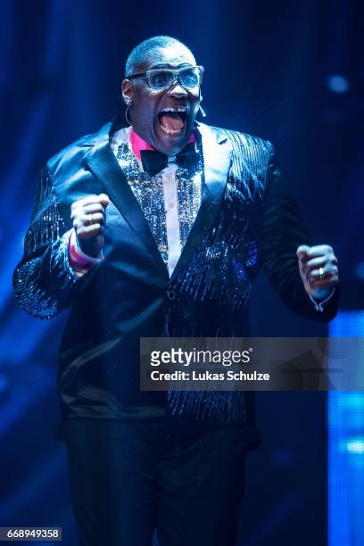 Alphonso Williams reacts during the second event show of the tv competition 'Deutschland sucht den Superstar' at Coloneum on April 15, 2017 in...