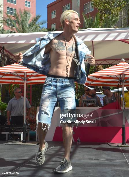 Singer Aaron Carter performs at the Go Pool at Flamingo Las Vegas on April 15, 2017 in Las Vegas, Nevada.