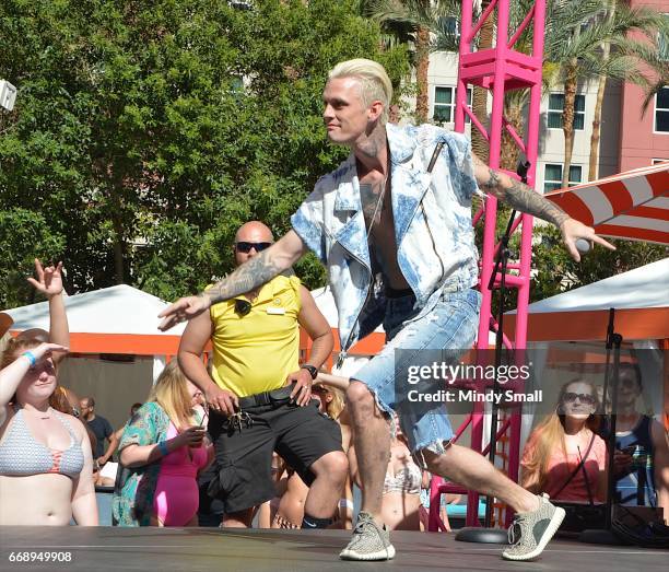 Singer Aaron Carter performs at the Go Pool at Flamingo Las Vegas on April 15, 2017 in Las Vegas, Nevada.